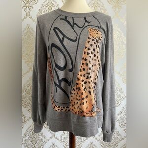 Anthropologie Gray Roar Graphic Sweater with Cheetah Leopard Design Size Small